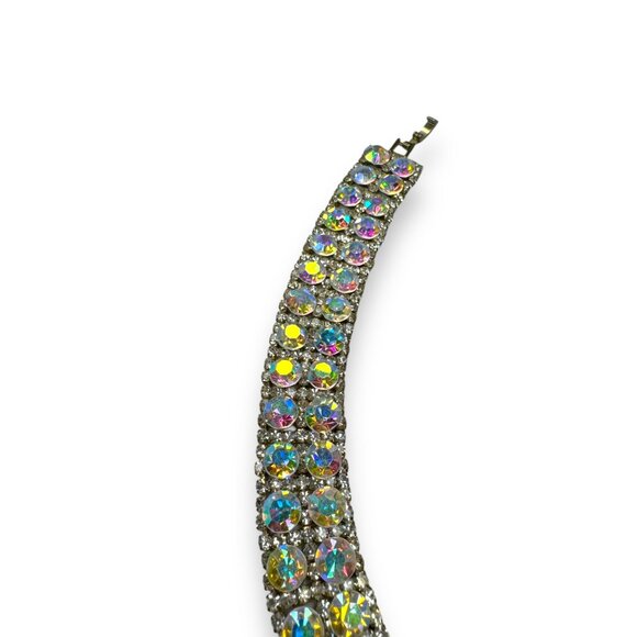 Aurora Borealis Crystal Rhinestone Bracelet 6.75" Fold Over Clasp Vintage - Picture 3 of 8